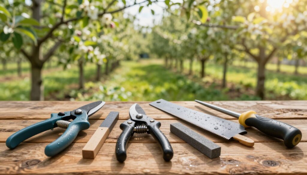 A focused scene showcasing a selection of pruning tools for apple trees, arranged on a rustic wooden table. The foreground displays high-quality, well-maintained tools such as pruning shears, loppers, a hand saw, and a sharpening stone, accentuated by droplets of dew to suggest freshness. The middle ground features a lush apple orchard, with a few mature apple trees in soft focus, hinting at the seasonal perspective of pruning. In the background, soft sunlight filters through branches, creating dappled light across the scene, enhancing the vibrant green hues of the foliage. Capture this in a warm, inviting atmosphere, symbolizing preparation and care in the gardening process, with a slight depth of field to emphasize the tools while maintaining the beauty of the orchard.
