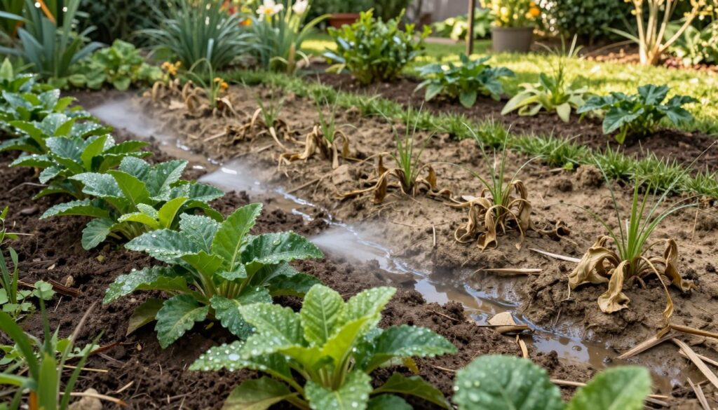 A lush garden scene focusing on the concept of garden humidity management, highlighting both wet and dry zones. In the foreground, a rich patch of soil is shown, featuring healthy plants with shiny leaves indicating adequate moisture, accented by small droplets of water. The middle ground transitions to arid areas, with dry soil and wilted plants to signify drought effects. A gentle stream or drainage solution can be seen, illustrating effective water management. The background features a serene garden landscape under soft, warm natural light, casting gentle shadows that enhance the scene. The image is captured from a slightly elevated angle, providing a comprehensive view of the garden's diverse moisture conditions. The overall mood is calm and informative, inviting viewers to consider the importance of humidity in gardening.