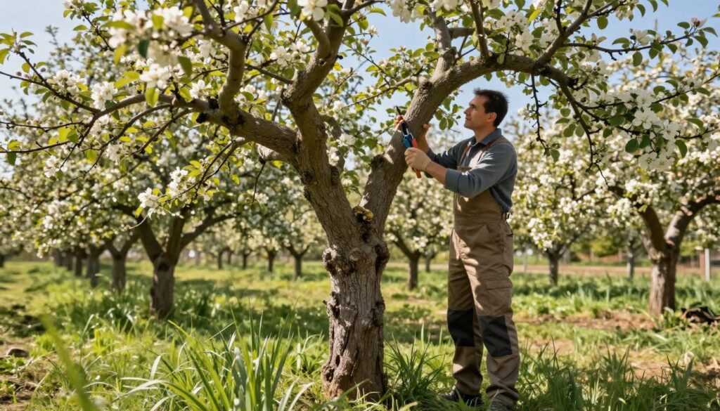 A mature apple tree standing in a lush orchard, showcasing its gnarled branches and textured bark, is in focus as an expert arborist evaluates it for potential rejuvenation. The arborist, dressed in professional attire, holds a pruner while examining the tree's limbs with a discerning eye, reflecting a serious yet hopeful mood. In the foreground, fresh green grass partially obscures the roots, emphasizing the tree’s age and vitality. The background features other apple trees of varying ages, some in full bloom, with delicate white flowers against a clear blue sky, hinting at the seasonal timing for pruning. Soft, warm sunlight filters through the leaves, casting dappled shadows on the ground, creating an inviting atmosphere.