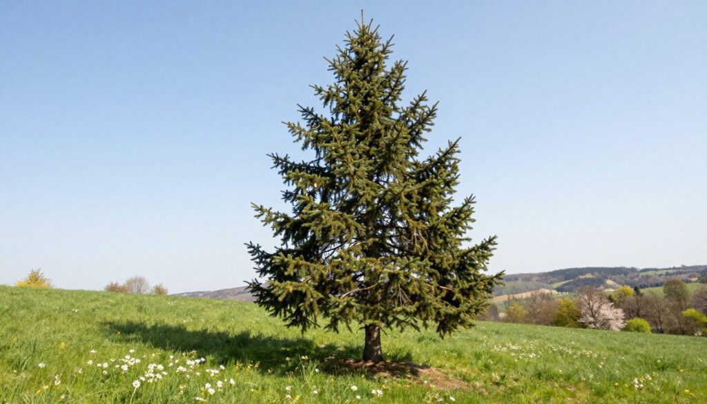 A serene early spring landscape featuring a large spruce tree, freshly trimmed, stands as the focal point. In the foreground, vibrant green grass is dotted with delicate wildflowers, signaling the arrival of spring. The middle ground showcases the spruce tree, its branches lightly dusted with new growth, contrasting against a clear blue sky. Soft, diffused sunlight filters through the tree’s branches, casting gentle shadows on the ground. In the background, a faint silhouette of distant hills is visible, with hints of newly blossomed foliage. The atmosphere is calm and rejuvenating, evoking the tranquility of early spring in Poland, perfect for illustrating the ideal timing for tree care. Capture this scenic view with a slightly elevated angle to emphasize the tree's height and beauty.