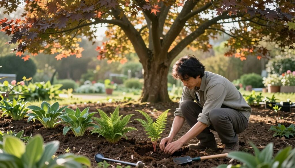 A serene garden scene featuring the act of planting under a majestic maple tree during the early morning light. In the foreground, a skilled gardener, dressed in modest casual clothing, kneels beside a freshly dug patch of soil, gently placing young plants—like hostas and ferns—into the earth. The middle ground showcases the rich, dark soil contrasted against the vibrant green of the young plants, with a few gardening tools scattered nearby. In the background, the sprawling branches of the maple tree create dappled sunlight, casting soft shadows across the scene. The atmosphere is tranquil and nurturing, evoking a sense of harmony with nature and the promise of growth. The composition should be captured with a slightly shallow depth of field to emphasize the gardener and plants while keeping the tree elegantly blurred in the background.