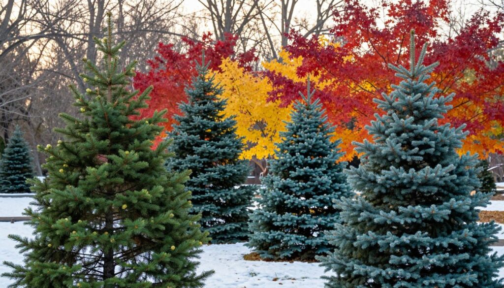 A serene garden scene showcasing both a Douglas fir and a spruce tree, highlighting their contrasting aesthetics throughout the seasons. In the foreground, lush green needles of the Douglas fir in spring bloom and the vibrant blue-green foliage of the spruce. Transitioning to the middle ground, the trees showcase the rich colors of autumn; fiery reds and yellows contrasting with evergreen shades. In the background, soft snow blankets the landscape during winter, glistening under a gentle golden sunlight. The scene emits a tranquil vibe, evoking a sense of tranquility and seasonal beauty. Captured with a wide-angle lens to emphasize depth, and soft focus for a dreamy effect, inviting viewers to appreciate the year-round appeal of these coniferous trees.