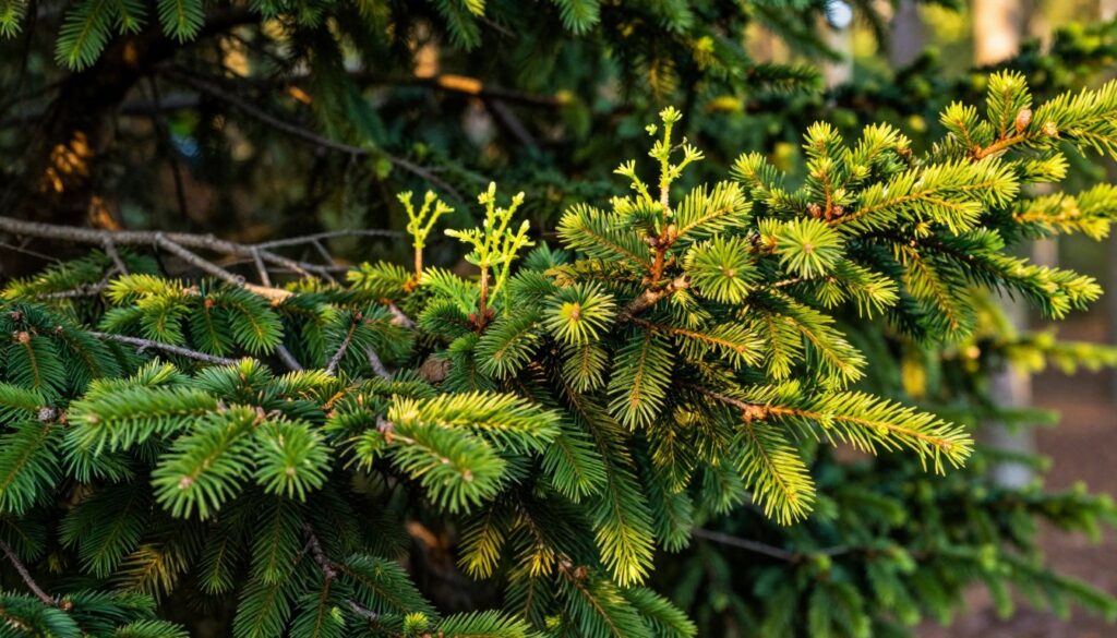 Close-up of green spruce branches, showcasing a variety of textures and shapes. The foreground features vibrant, needle-like leaves with a rich green color, highlighting the health of the tree. In the middle ground, delicate, lighter green young growth and sturdy, mature branches intersect, emphasizing the distinction between which branches should be trimmed and which should remain untouched. The background fades into a soft-focus blur of a woodland setting, dappled with sunlight filtering through leaves, evoking a serene and natural atmosphere. The lighting is warm and inviting, capturing the essence of late afternoon sun. The composition is framed to draw attention to the detailed needle clusters and branch structures, creating an informative yet aesthetically pleasing image.