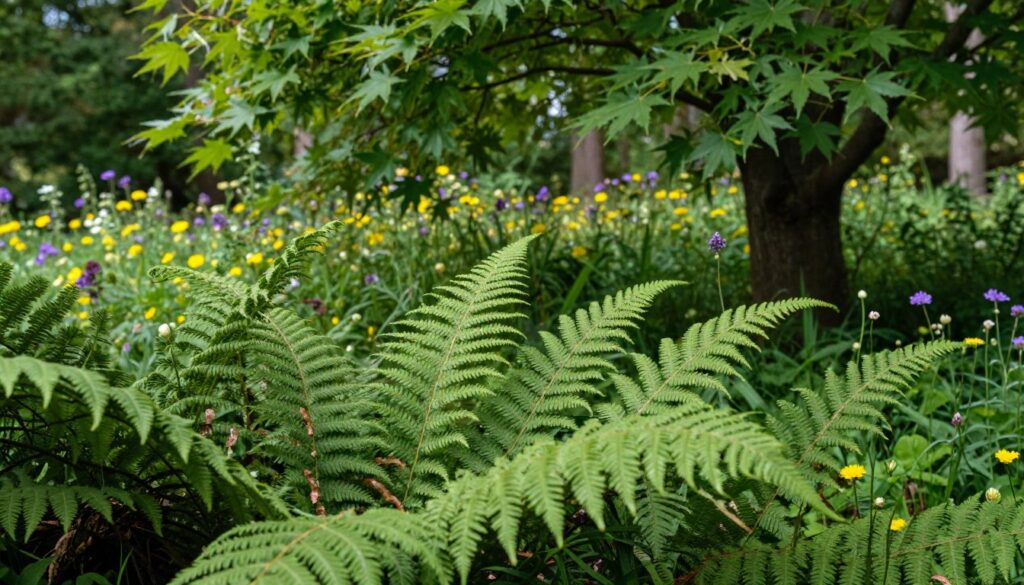 Lush green ferns (paprocie) gracefully fill the foreground, showcasing delicate fronds with intricate leaf patterns that glisten under soft, diffused sunlight. In the middle ground, a variety of forest plants and wildflowers complement the ferns, adding a mix of vibrant colors such as deep green, soft yellows, and subtle purples, creating a rich tapestry of textures. The background features a gentle blur of a mature maple tree (klon), its leaves forming a soft canopy that filters the sunlight, casting gentle shadows on the ground. The scene conveys a serene and peaceful forest atmosphere, evoking a sense of natural harmony and beauty. The composition is captured with a shallow depth of field, highlighting the ferns and surrounding flora, inviting viewers into this tranquil woodland setting.