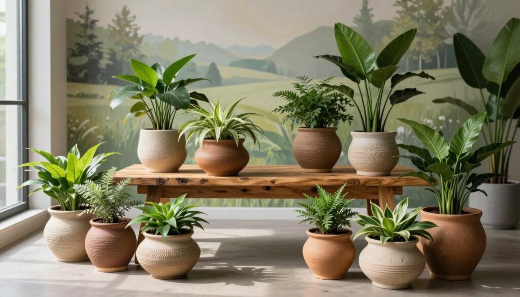 A beautifully arranged collection of sustainable potted plants, showcasing eco-friendly design. In the foreground, unique, handmade ceramic pots in earthy tones are brimming with lush, vibrant greenery. Each pot features intricate textures and patterns, emphasizing organic forms. In the middle, a wooden table made from reclaimed materials serves as a base, highlighting the commitment to sustainability. Background elements include a softly blurred, nature-inspired wall mural depicting a serene landscape, adding depth and context. Natural light streams in from a nearby window, casting gentle shadows that create an inviting atmosphere. The mood is tranquil and harmonious, reflecting the beauty of ecological design in home decor, perfect for showcasing plants in a modern interior setting.
