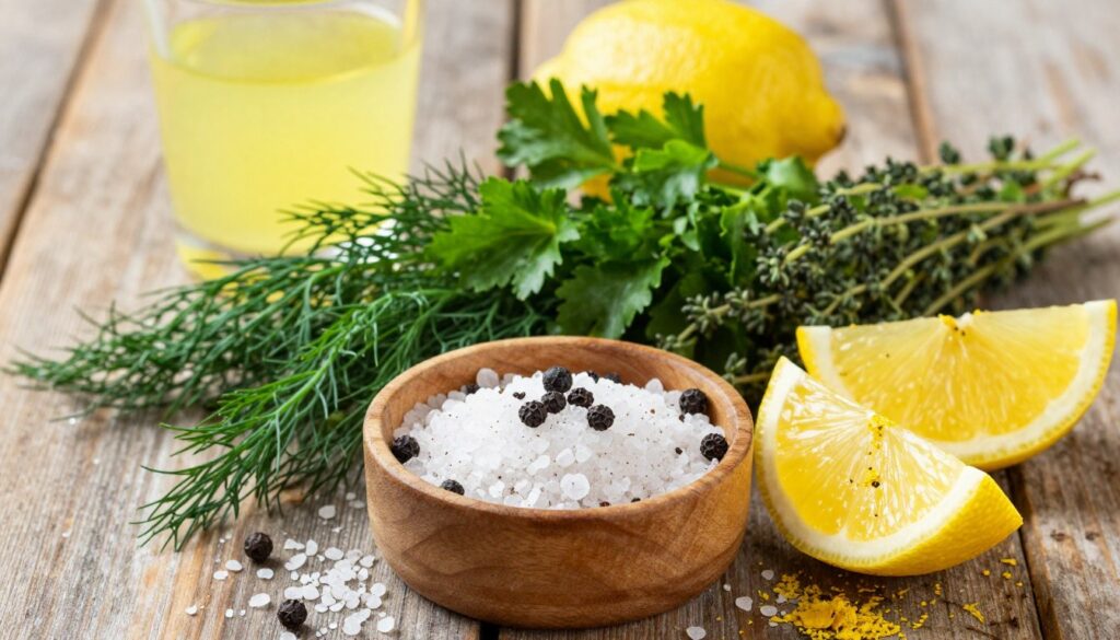 A beautifully arranged culinary scene showcasing essential spices and herbs for fish seasoning. In the foreground, a small wooden bowl filled with coarse sea salt and freshly cracked black pepper, surrounded by vibrant lemon wedges, sprinkled with zest. In the middle, an array of aromatic herbs like dill, parsley, and thyme, artfully displayed alongside a glass of freshly squeezed lemon juice. The background features a rustic wooden table with subtle, warm lighting illuminating the ingredients, creating an inviting atmosphere. The angle is slightly elevated to capture the textures and colors of the spices vividly, evoking a sense of gourmet preparation. The overall mood is fresh and appetizing, ideal for highlighting universal seasonings that enhance grilled, baked, or pan-fried fish.