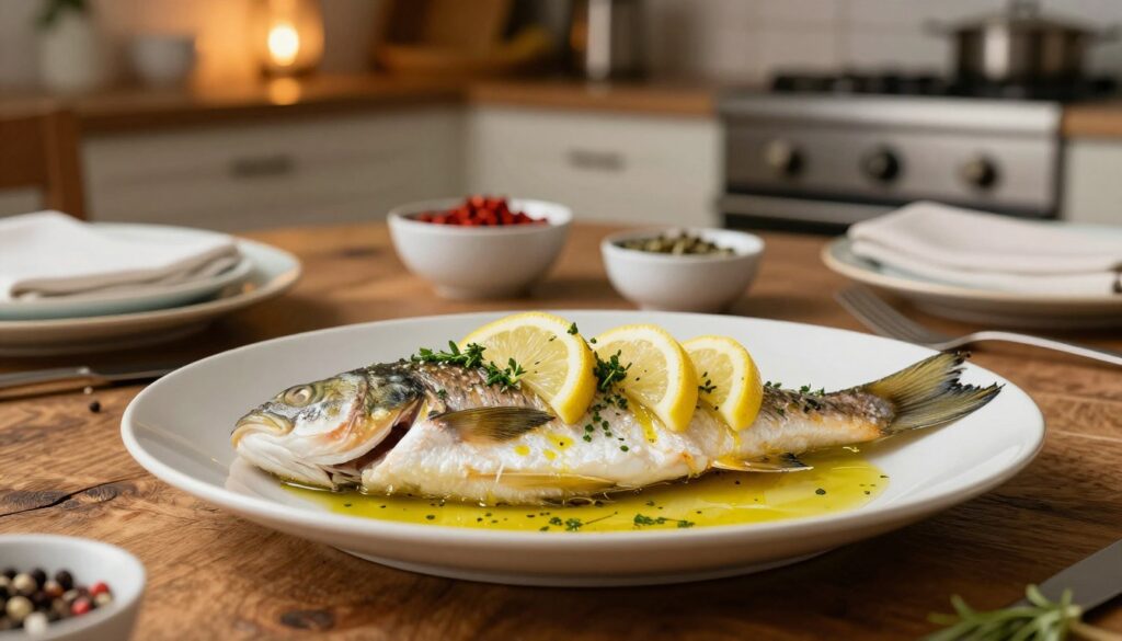 A beautifully arranged dish featuring a freshly cooked fish, garnished artfully just before serving. In the foreground, the fish glistens with a sprinkling of fresh herbs, lemon slices, and a drizzle of olive oil, showcasing vibrant colors. The middle ground reveals a rustic wooden table set with elegant dinnerware, accompanied by small bowls of spices and seasonings to enhance flavor. In the background, soft, warm lighting casts a cozy glow, highlighting a blurred kitchen environment, enhancing the atmosphere of a home-cooked meal. The composition emphasizes the freshness and appeal of the dish, inviting the viewer to experience the essence of finishing touches that elevate the fish’s taste. The angle should be slightly elevated, allowing for a captivating view of the dish.
