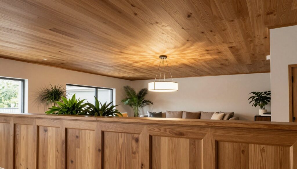 A beautifully designed interior featuring wooden ceiling panels, showcasing a cozy and stylish atmosphere. In the foreground, intricate wood paneling with warm, natural tones adds texture and depth. The middle section displays a spacious room with soft lighting, highlighting the wooden ceiling and casting gentle shadows. A modern, minimalist chandelier hangs from the center, enhancing the elegant design. The background reveals tasteful decor, such as lush green plants and neutral-toned furniture, creating a harmonious blend of comfort and sophistication. Capture this in a slightly angled perspective to reveal the ceiling and room dynamics. The overall mood should be inviting and tranquil, perfect for demonstrating the aesthetic appeal and durability of wooden finishes in interior design.