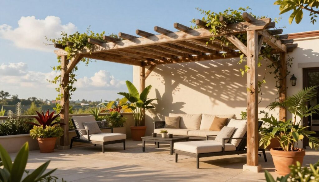 A beautifully designed pergola situated on a spacious terrace, casting dappled shadows across a well-furnished outdoor seating area. In the foreground, elegant lounge chairs with plush cushions invite relaxation, surrounded by vibrant potted plants. The middle ground showcases the pergola, made of natural wood with a graceful, open design, featuring climbing vines that provide additional shade. In the background, a clear blue sky with soft, fluffy clouds enhances the tranquil atmosphere. The warm afternoon sunlight creates a soft, inviting glow, illuminating the scene and adding to the peaceful ambiance. The angle is slightly elevated, capturing the entire setup as an inviting comfort zone for leisurely afternoons. A beautifully designed pergola situated on a spacious terrace, casting dappled shadows across a well-furnished outdoor seating area. In the foreground, elegant lounge chairs with plush cushions invite relaxation, surrounded by vibrant potted plants. The middle ground showcases the pergola, made of natural wood with a graceful, open design, featuring climbing vines that provide additional shade. In the background, a clear blue sky with soft, fluffy clouds enhances the tranquil atmosphere. The warm afternoon sunlight creates a soft, inviting glow, illuminating the scene and adding to the peaceful ambiance. The angle is slightly elevated, capturing the entire setup as an inviting comfort zone for leisurely afternoons.