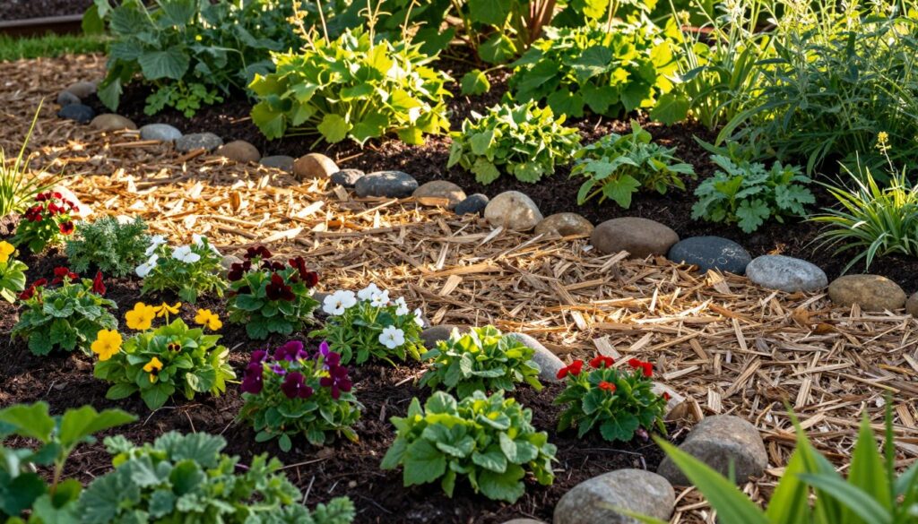 A beautifully landscaped garden featuring layers of mulch and decorative stones used for "mulching" to suppress weed growth. In the foreground, a vibrant array of blooming flowers and leafy plants emerge from the mulch bed, clearly delineated from the weeds. The middle ground shows neatly arranged wood chips or straw as a mulch barrier, soft sunlight filtering through the leaves overhead, creating dappled shadows on the ground. The background boasts a lush green garden with healthy plants thriving in rich soil, while weeds are absent, illustrating effective weed control. The atmosphere feels serene and well-maintained, capturing the essence of a thriving garden protected against weeds. The image should have warm, inviting lighting as if captured during a golden hour, promoting a sense of tranquility in gardening. A beautifully landscaped garden featuring layers of mulch and decorative stones used for "mulching" to suppress weed growth. In the foreground, a vibrant array of blooming flowers and leafy plants emerge from the mulch bed, clearly delineated from the weeds. The middle ground shows neatly arranged wood chips or straw as a mulch barrier, soft sunlight filtering through the leaves overhead, creating dappled shadows on the ground. The background boasts a lush green garden with healthy plants thriving in rich soil, while weeds are absent, illustrating effective weed control. The atmosphere feels serene and well-maintained, capturing the essence of a thriving garden protected against weeds. The image should have warm, inviting lighting as if captured during a golden hour, promoting a sense of tranquility in gardening.