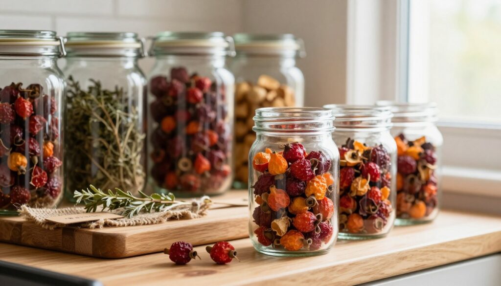 A beautifully organized kitchen shelf featuring dried wild rose fruits arranged in glass jars, emphasizing the best methods for proper storage. In the foreground, a clear jar filled with colorful, dried rose hips, showcasing their vibrant reds and oranges. In the middle ground, a wooden board with natural burlap, adorned with herbs and small labeling tags, hints at freshness. In the background, soft natural light streaming through a window casts a warm, inviting glow, illuminating the scene. The atmosphere conveys a rustic, homely feel, accentuated by wooden textures and vibrant fruit colors. The focus is close-up, capturing the details of the jars and fruits while maintaining a clean, clutter-free aesthetic without any text or distractions. A beautifully organized kitchen shelf featuring dried wild rose fruits arranged in glass jars, emphasizing the best methods for proper storage. In the foreground, a clear jar filled with colorful, dried rose hips, showcasing their vibrant reds and oranges. In the middle ground, a wooden board with natural burlap, adorned with herbs and small labeling tags, hints at freshness. In the background, soft natural light streaming through a window casts a warm, inviting glow, illuminating the scene. The atmosphere conveys a rustic, homely feel, accentuated by wooden textures and vibrant fruit colors. The focus is close-up, capturing the details of the jars and fruits while maintaining a clean, clutter-free aesthetic without any text or distractions.
