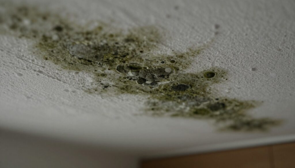A close-up image depicting mold and moisture on a ceiling, showcasing dark, irregular patches of green and black fungus spreading across textured white plaster. The foreground features details like droplets of moisture trickling down the surface, while the middle ground emphasizes the contrast between the moldy areas and the surrounding clean ceiling. The background should be softly blurred, hinting at a dimly lit room to convey an atmosphere of neglect and dampness. Soft overhead lighting creates subtle shadows that enhance the texture of the mold and the imperfections of the ceiling. The overall mood is somber and unsettling, highlighting the seriousness of mold and moisture issues in homes. A close-up image depicting mold and moisture on a ceiling, showcasing dark, irregular patches of green and black fungus spreading across textured white plaster. The foreground features details like droplets of moisture trickling down the surface, while the middle ground emphasizes the contrast between the moldy areas and the surrounding clean ceiling. The background should be softly blurred, hinting at a dimly lit room to convey an atmosphere of neglect and dampness. Soft overhead lighting creates subtle shadows that enhance the texture of the mold and the imperfections of the ceiling. The overall mood is somber and unsettling, highlighting the seriousness of mold and moisture issues in homes.