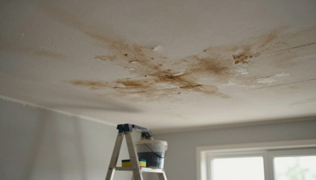 A close-up image of a water-damaged ceiling, showcasing distinct brown stains and peeling paint in the foreground. The ceiling texture should appear rough, indicating moisture and neglect. In the middle ground, a step ladder leans against the wall, with a bucket and sponge resting on the rungs, suggesting preparation for repair. The background should feature a softly lit room, with ambient light filtering through a partially open window, casting gentle shadows. The atmosphere conveys urgency and the need for repair, while the overall color palette includes muted grays and browns, evoking a sense of caution. The scene should be devoid of any people and maintain a clean, professional appearance suitable for educational purposes. A close-up image of a water-damaged ceiling, showcasing distinct brown stains and peeling paint in the foreground. The ceiling texture should appear rough, indicating moisture and neglect. In the middle ground, a step ladder leans against the wall, with a bucket and sponge resting on the rungs, suggesting preparation for repair. The background should feature a softly lit room, with ambient light filtering through a partially open window, casting gentle shadows. The atmosphere conveys urgency and the need for repair, while the overall color palette includes muted grays and browns, evoking a sense of caution. The scene should be devoid of any people and maintain a clean, professional appearance suitable for educational purposes.