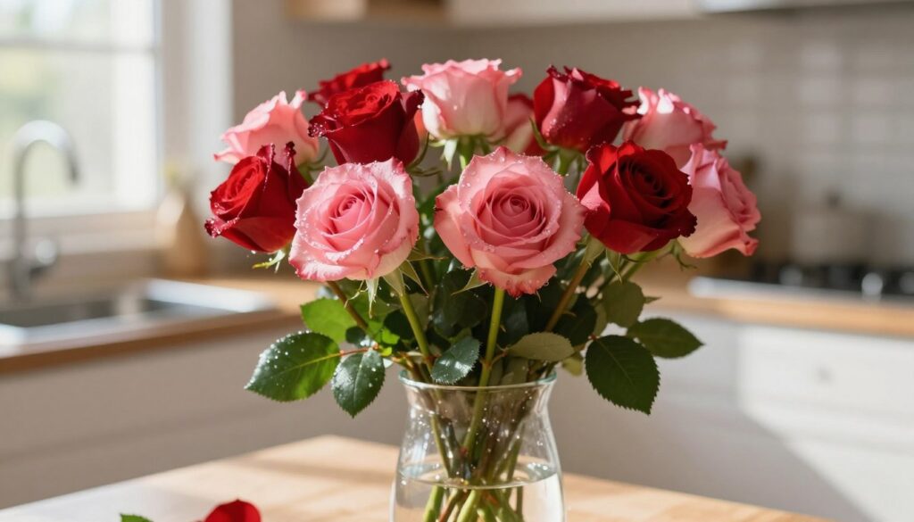 A close-up image of vibrant, freshly cut roses in a clear, elegant vase filled with crystal-clear water. The foreground features the roses with dew glistening on their petals, showcasing a rich array of colors from deep reds to soft pinks. The middle ground includes a few green leaves and stems, hinting at the care taken in cutting them properly. In the background, softly blurred, there are hints of a well-lit, inviting kitchen setting with warm sunlight streaming in through a window, casting gentle shadows. The atmosphere is calming and nurturing, evoking a sense of freshness and vitality, while highlighting the importance of proper care for flowers to prolong their beauty.