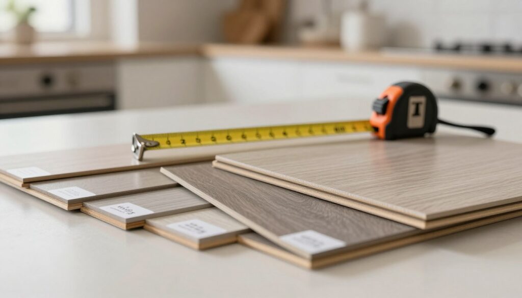 A close-up image showcasing various thicknesses of vinyl floor panels arranged on a smooth surface. In the foreground, feature different samples with clear labels indicating their thickness measurements, from thin to thick. In the middle, incorporate a measuring tape and a ruler to emphasize the concept of dimensional ranges. The background should be softly blurred, featuring a stylish kitchen and living room setting, hinting at where these panels might be installed, with warm, natural lighting to create an inviting atmosphere. Use a shallow depth of field to draw attention to the panels, capturing realistic textures and colors, while maintaining a professional and informative tone.