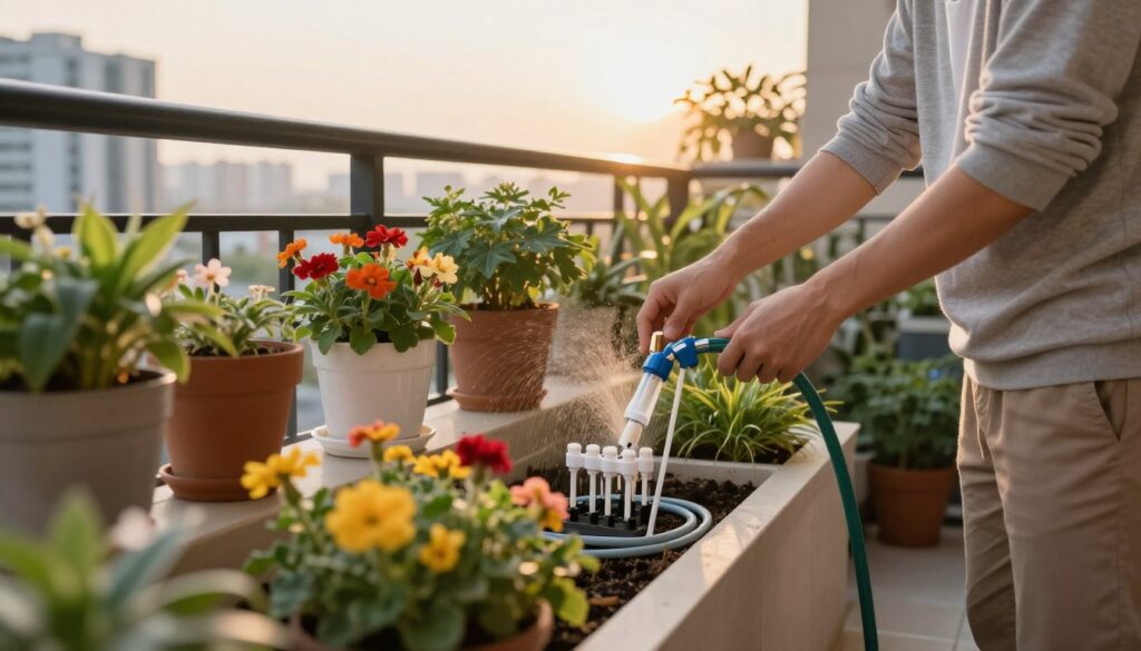 A close-up view of a balcony installation of an automated watering system, featuring a mix of potted plants and window boxes. In the foreground, focus on a well-organized system of hoses and drip emitters neatly arranged around vibrant flowers and greenery. In the middle, depict a person in modest casual clothing, demonstrating the setup process, carefully attaching a hose to a plant container. The background should showcase a modern cityscape with distant buildings, bathed in the warm light of a late afternoon sun, creating a serene and inviting atmosphere. Use a soft focus for background elements, highlighting the task at hand, while maintaining clarity on the installation details.