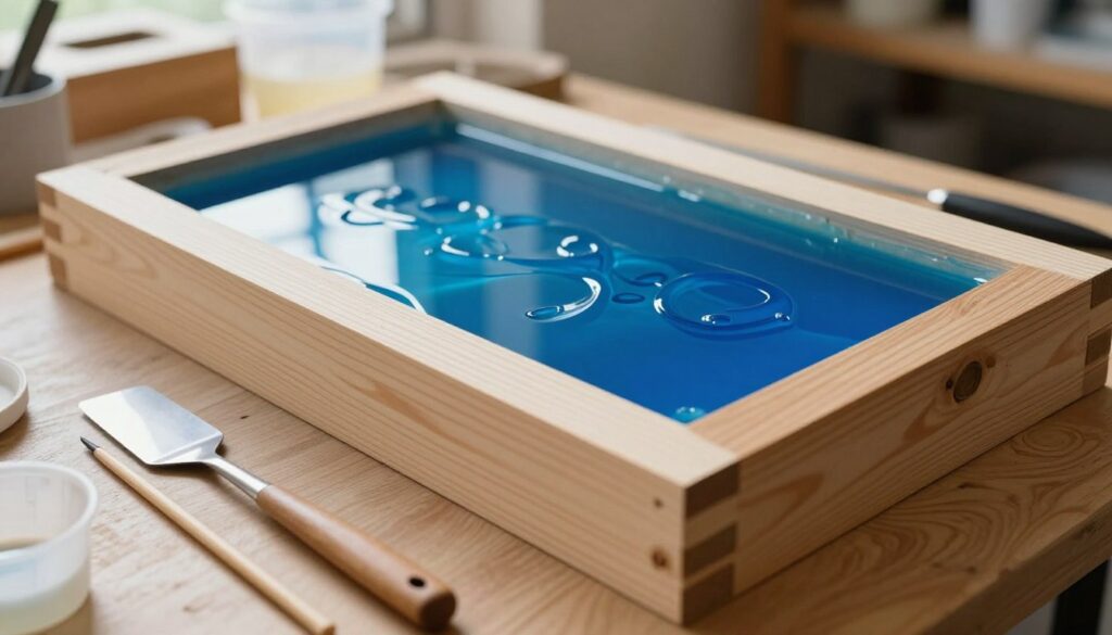 A close-up view of a detailed epoxy resin mold setup, showcasing a sturdy wooden frame filled with a vibrant blue epoxy mixture. The foreground features tools like a spatula, measuring cups, and mixing sticks arranged neatly, emphasizing a clean workspace. In the middle ground, the mold displays intricate designs within the liquid resin, reflecting light with a glossy finish. The background should depict a well-organized workshop environment, with soft, natural lighting illuminating the workspace, creating a warm and inviting atmosphere. The camera angle should be slightly above the mold, offering a perspective that highlights both the mold construction and the beautiful epoxy surface. The focus is on the craftsmanship and precision needed to create a leak-proof form for casting. A close-up view of a detailed epoxy resin mold setup, showcasing a sturdy wooden frame filled with a vibrant blue epoxy mixture. The foreground features tools like a spatula, measuring cups, and mixing sticks arranged neatly, emphasizing a clean workspace. In the middle ground, the mold displays intricate designs within the liquid resin, reflecting light with a glossy finish. The background should depict a well-organized workshop environment, with soft, natural lighting illuminating the workspace, creating a warm and inviting atmosphere. The camera angle should be slightly above the mold, offering a perspective that highlights both the mold construction and the beautiful epoxy surface. The focus is on the craftsmanship and precision needed to create a leak-proof form for casting.