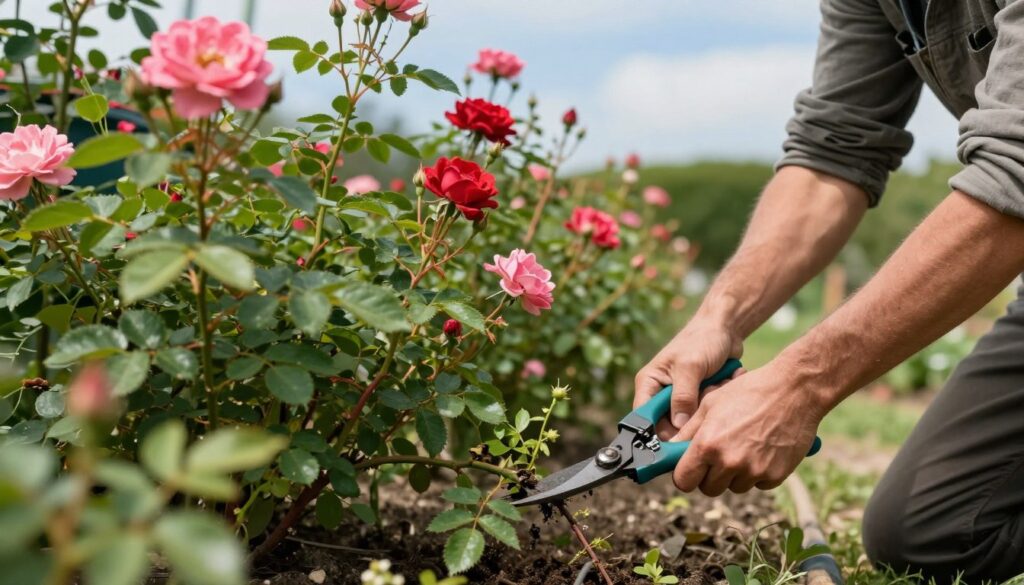 A close-up view of a gardener expertly removing wild rose shoots from near the base of a healthy rose bush. In the foreground, a skilled gardener, dressed in modest casual attire, is carefully using pruning shears to cut away the unwanted growth. The middle ground features the lush green foliage of the rose bush, with vibrant pink and red flowers blooming. The background showcases a soft-focus garden setting, hinting at additional plants and a clear blue sky. Soft, natural lighting highlights the texture of the leaves and the diligence of the gardener, creating a calm and focused atmosphere. The composition emphasizes precision and care in gardening techniques. A close-up view of a gardener expertly removing wild rose shoots from near the base of a healthy rose bush. In the foreground, a skilled gardener, dressed in modest casual attire, is carefully using pruning shears to cut away the unwanted growth. The middle ground features the lush green foliage of the rose bush, with vibrant pink and red flowers blooming. The background showcases a soft-focus garden setting, hinting at additional plants and a clear blue sky. Soft, natural lighting highlights the texture of the leaves and the diligence of the gardener, creating a calm and focused atmosphere. The composition emphasizes precision and care in gardening techniques.