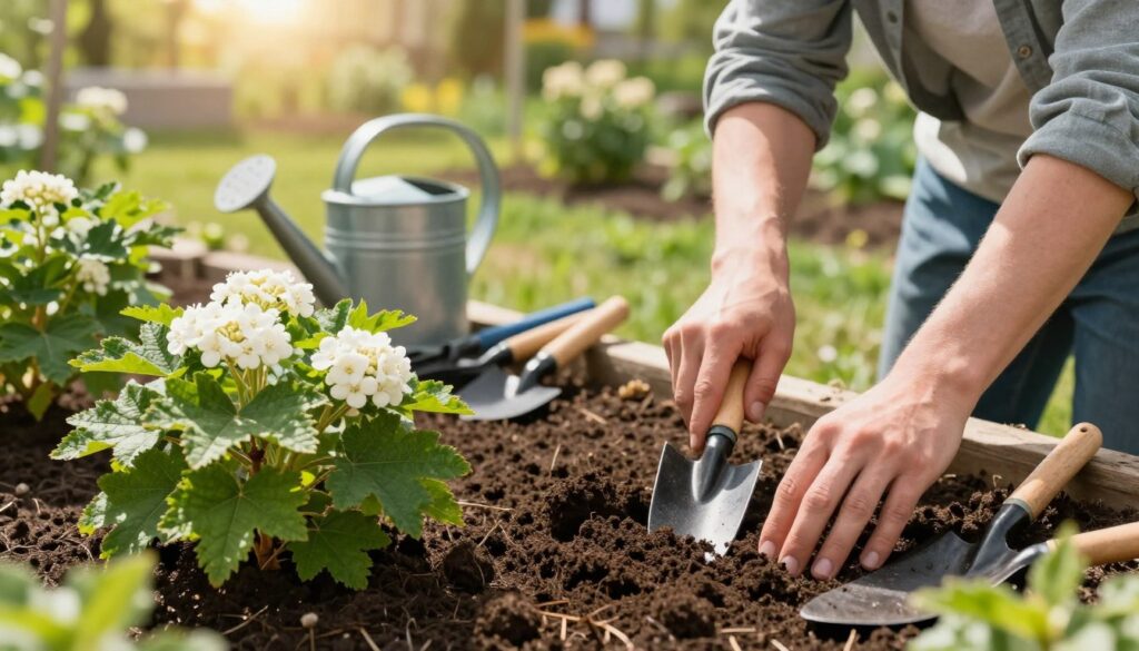 A close-up view of a gardener planting a vibrant Viburnum opulus, commonly known as guelder rose or kalina, in a well-prepared garden bed. The gardener, wearing modest casual clothing, is using a trowel to dig into rich, dark soil, with an emphasis on their focused expression. In the foreground, show the lush green leaves of the kalina plant, with clusters of white flowers emerging. The middle ground includes a neatly arranged setup of gardening tools and a watering can. In the background, a soft-focus garden landscape with sunlight streaming in, creating a warm, inviting atmosphere. The overall mood is peaceful and nurturing, capturing the essence of planting for growth and health. Bright daylight enhances the colors, highlighting the freshness of the scene. A close-up view of a gardener planting a vibrant Viburnum opulus, commonly known as guelder rose or kalina, in a well-prepared garden bed. The gardener, wearing modest casual clothing, is using a trowel to dig into rich, dark soil, with an emphasis on their focused expression. In the foreground, show the lush green leaves of the kalina plant, with clusters of white flowers emerging. The middle ground includes a neatly arranged setup of gardening tools and a watering can. In the background, a soft-focus garden landscape with sunlight streaming in, creating a warm, inviting atmosphere. The overall mood is peaceful and nurturing, capturing the essence of planting for growth and health. Bright daylight enhances the colors, highlighting the freshness of the scene.