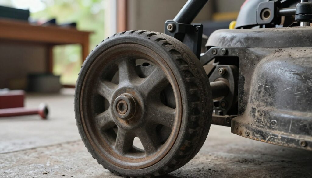 A close-up view of a lawn mower wheel stuck on its axle, highlighting the intricate details of the wheel's mounting mechanism. The foreground features the wheel, showing rust and dirt, with visible scratches on its surface, indicating usage. In the middle ground, the axle is partially exposed, displaying key components that may impede the wheel's removal, such as stubborn bolts and links. The background presents a blurred, outdoor garage setting with tools and a workbench to convey an atmosphere of troubleshooting and repair. The lighting is natural, filtering through a window, creating soft shadows and emphasizing the textures of the materials. The overall mood is focused and educational, designed to engage readers interested in practical solutions for lawn mower maintenance.
