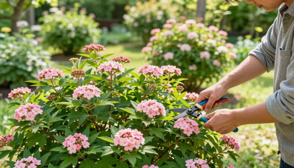 A close-up view of a meticulously tended Japanese spirea (tawuła japońska) in a sunny garden setting, illustrating its vibrant green foliage and delicate clusters of pink flowers. In the foreground, a gardener in modest casual clothing gently pruning the branches with pruning shears, demonstrating proper care techniques. The middle ground features several healthy spirea shrubs, showcasing a variety of sizes, while in the background, a lush, well-maintained garden with soft sunlight filters through, casting gentle shadows. The atmosphere is serene and encouraging, emphasizing the importance of annual care like trimming and fertilization for the health of the plants. The image should convey a sense of vitality and horticultural expertise, captured with a warm, inviting tone and a focus on nature's beauty.