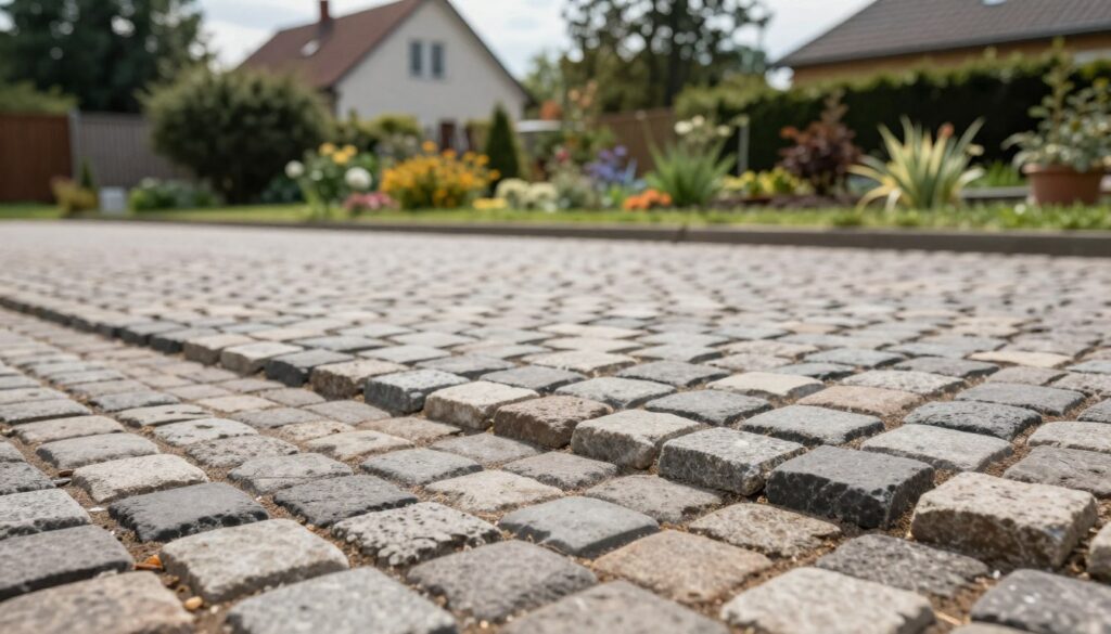 A close-up view of a section of a cobblestone driveway showcasing the varying thicknesses of pavers used for durability. In the foreground, focus on multiple layers of cobblestones arranged on a well-prepared foundation, highlighting different thicknesses of the stones. The middle ground features a blurred landscape of a garden with typical Polish plants, subtly indicating the climate influence. In the background, show a house typical of Polish architecture, surrounded by trees, suggesting seasonal changes. Use natural daylight to illuminate the texture of the pavers, with soft shadows creating depth, shot from a slightly elevated angle to provide perspective on the construction layers. The overall mood should be informative and professional, reflecting stability and craftsmanship. A close-up view of a section of a cobblestone driveway showcasing the varying thicknesses of pavers used for durability. In the foreground, focus on multiple layers of cobblestones arranged on a well-prepared foundation, highlighting different thicknesses of the stones. The middle ground features a blurred landscape of a garden with typical Polish plants, subtly indicating the climate influence. In the background, show a house typical of Polish architecture, surrounded by trees, suggesting seasonal changes. Use natural daylight to illuminate the texture of the pavers, with soft shadows creating depth, shot from a slightly elevated angle to provide perspective on the construction layers. The overall mood should be informative and professional, reflecting stability and craftsmanship.