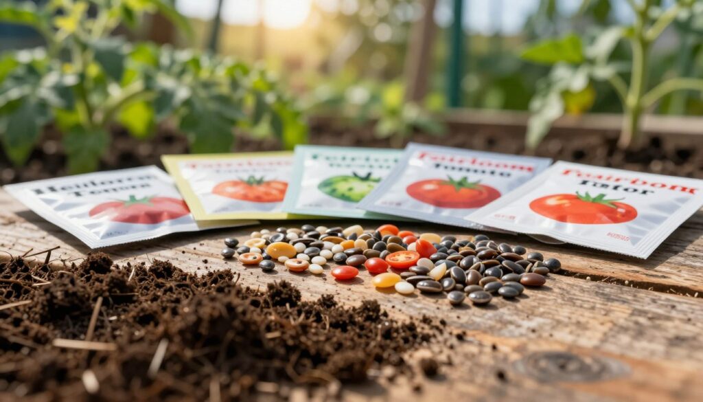 A close-up view of a variety of tomato seeds arranged neatly on a rustic wooden surface, emphasizing their unique shapes and colors. In the foreground, focus on a handful of rich, earthy soil to suggest the organic connection to gardening. In the middle ground, display seed packets with distinct labels featuring heirloom tomato varieties, hinting at their diverse growth conditions. The background features a softly blurred garden setting with green plants and a sunlit sky, creating an inviting and vibrant atmosphere. Use natural lighting to enhance the textures of the seeds and soil, and capture the scene from a slightly elevated angle to provide depth. The overall mood should convey a sense of excitement for gardening and the promise of growth.