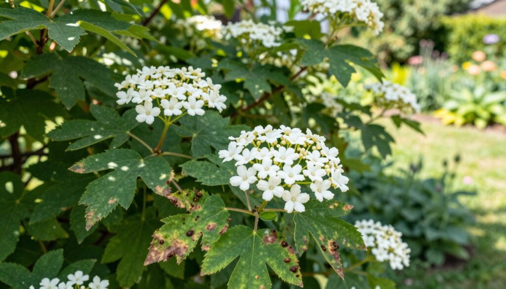A close-up view of a vibrant kalina koralowa (viburnum opulus) bush in a garden setting, showcasing its lush green leaves and clusters of white flowers. In the foreground, focus on signs of common diseases and pests affecting the plant, such as discolored leaves and small insects like aphids. In the middle ground, display the overall healthy appearance of the bush against a blurred landscape of other garden plants, highlighting the contrast. The background features a soft, sunlit garden atmosphere, with gentle shadows and dappled sunlight filtering through the leaves. Capture the image with a shallow depth of field, emphasizing the details of the diseased parts while maintaining a soft focus on the healthy blossoms. The mood should evoke a sense of awareness and care in gardening practices. A close-up view of a vibrant kalina koralowa (viburnum opulus) bush in a garden setting, showcasing its lush green leaves and clusters of white flowers. In the foreground, focus on signs of common diseases and pests affecting the plant, such as discolored leaves and small insects like aphids. In the middle ground, display the overall healthy appearance of the bush against a blurred landscape of other garden plants, highlighting the contrast. The background features a soft, sunlit garden atmosphere, with gentle shadows and dappled sunlight filtering through the leaves. Capture the image with a shallow depth of field, emphasizing the details of the diseased parts while maintaining a soft focus on the healthy blossoms. The mood should evoke a sense of awareness and care in gardening practices.