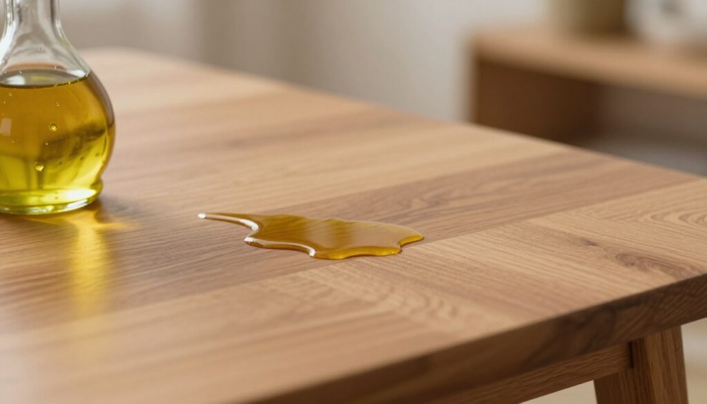 A close-up view of a wooden table surface with an oily, reflective spot where oil has been dripped, showing the contrast between the glossy area and the matte finish of the surrounding wood. The foreground features a small glass bottle of olive oil, elegantly positioned, with droplets glistening in soft light. In the middle, a subtle texture of wood grain is visible, highlighting the furniture’s craftsmanship. The background is softly blurred, hinting at a cozy, well-lit room with warm, inviting tones that enhance the domestic atmosphere. The lighting is warm and gentle, creating a serene mood, emphasizing the beauty of the furniture while illustrating the issue of oil stains on surfaces, perfect for practical guidance on care and maintenance. A close-up view of a wooden table surface with an oily, reflective spot where oil has been dripped, showing the contrast between the glossy area and the matte finish of the surrounding wood. The foreground features a small glass bottle of olive oil, elegantly positioned, with droplets glistening in soft light. In the middle, a subtle texture of wood grain is visible, highlighting the furniture’s craftsmanship. The background is softly blurred, hinting at a cozy, well-lit room with warm, inviting tones that enhance the domestic atmosphere. The lighting is warm and gentle, creating a serene mood, emphasizing the beauty of the furniture while illustrating the issue of oil stains on surfaces, perfect for practical guidance on care and maintenance.