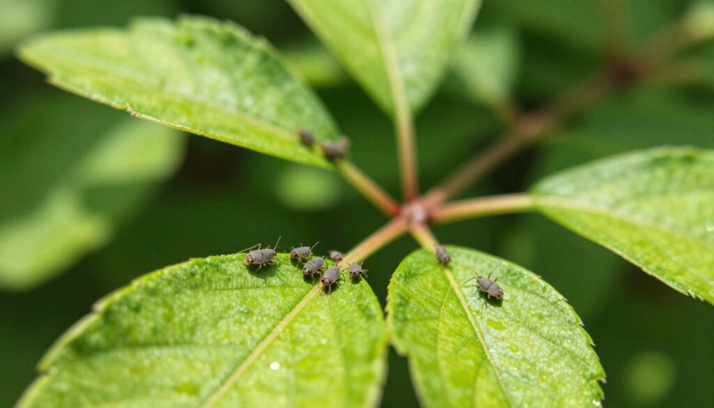 A close-up view of aphids (mszyce) on vibrant green leaves, showcasing their small, delicate bodies clustered on the undersides of the foliage. The foreground features the aphids in sharp focus, with details like their tiny legs and antennae clearly visible, highlighting their role as pests. In the middle ground, the lush, healthy leaves of the viburnum (kalina koralowa) create a contrasting backdrop, with hints of sunlight filtering through, casting soft shadows. The background is blurred, enhancing the depth and drawing attention to the aphids and leaves. The overall mood is one of observation and caution, as the intricate details of the pests reveal their potential threat to plant health. The lighting is natural and bright, reflecting a clear, sunny day.