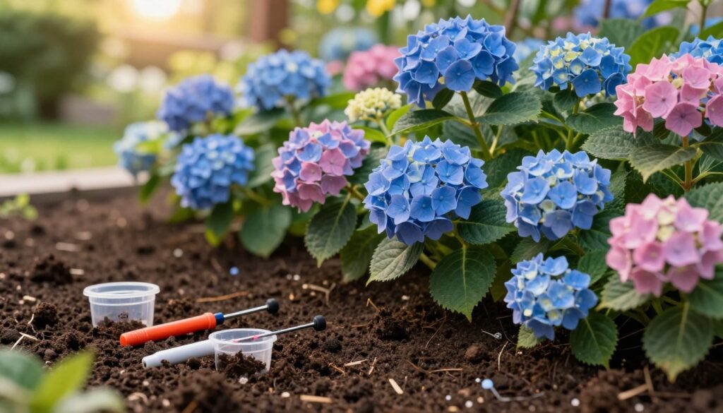 A close-up view of lush hydrangea plants with vibrant blue and pink blooms, set against a backdrop of rich, dark soil that emphasizes its pH levels. In the foreground, focus on soil testing instruments, such as pH meters and soil samples in clear containers, highlighting their importance in determining soil acidity. The middle-ground showcases the healthy hydrangea flowers flourishing in the well-maintained soil, creating a colorful display. In the background, a soft-focus garden scene under warm, natural sunlight enhances the serene atmosphere, evoking a sense of care and attention to gardening. The image should capture the essence of nurturing plants while emphasizing the importance of proper soil conditions for vibrant flowering. A close-up view of lush hydrangea plants with vibrant blue and pink blooms, set against a backdrop of rich, dark soil that emphasizes its pH levels. In the foreground, focus on soil testing instruments, such as pH meters and soil samples in clear containers, highlighting their importance in determining soil acidity. The middle-ground showcases the healthy hydrangea flowers flourishing in the well-maintained soil, creating a colorful display. In the background, a soft-focus garden scene under warm, natural sunlight enhances the serene atmosphere, evoking a sense of care and attention to gardening. The image should capture the essence of nurturing plants while emphasizing the importance of proper soil conditions for vibrant flowering.