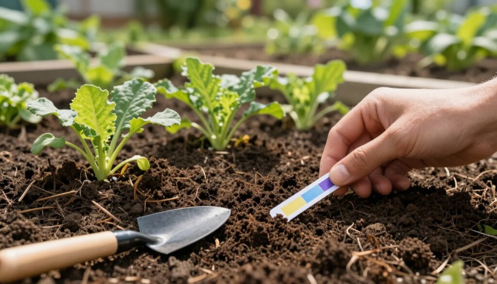A close-up view of rich, dark soil, showcasing various layers including topsoil and organic matter. In the foreground, a hand gently tests the soil's pH with a simple pH test strip, symbolizing careful assessment before fertilizing. Small garden tools like a trowel and a pH meter lay nearby. The middle ground features vibrant green plants thriving in healthy, amended soil, indicating the positive effects of proper amendments. In the background, a sunlit garden with rows of vegetables or flowers creates a warm and inviting atmosphere. Soft, natural lighting casts gentle shadows, enhancing the textures of both soil and plants, while the overall mood feels nurturing and productive. A close-up view of rich, dark soil, showcasing various layers including topsoil and organic matter. In the foreground, a hand gently tests the soil's pH with a simple pH test strip, symbolizing careful assessment before fertilizing. Small garden tools like a trowel and a pH meter lay nearby. The middle ground features vibrant green plants thriving in healthy, amended soil, indicating the positive effects of proper amendments. In the background, a sunlit garden with rows of vegetables or flowers creates a warm and inviting atmosphere. Soft, natural lighting casts gentle shadows, enhancing the textures of both soil and plants, while the overall mood feels nurturing and productive.
