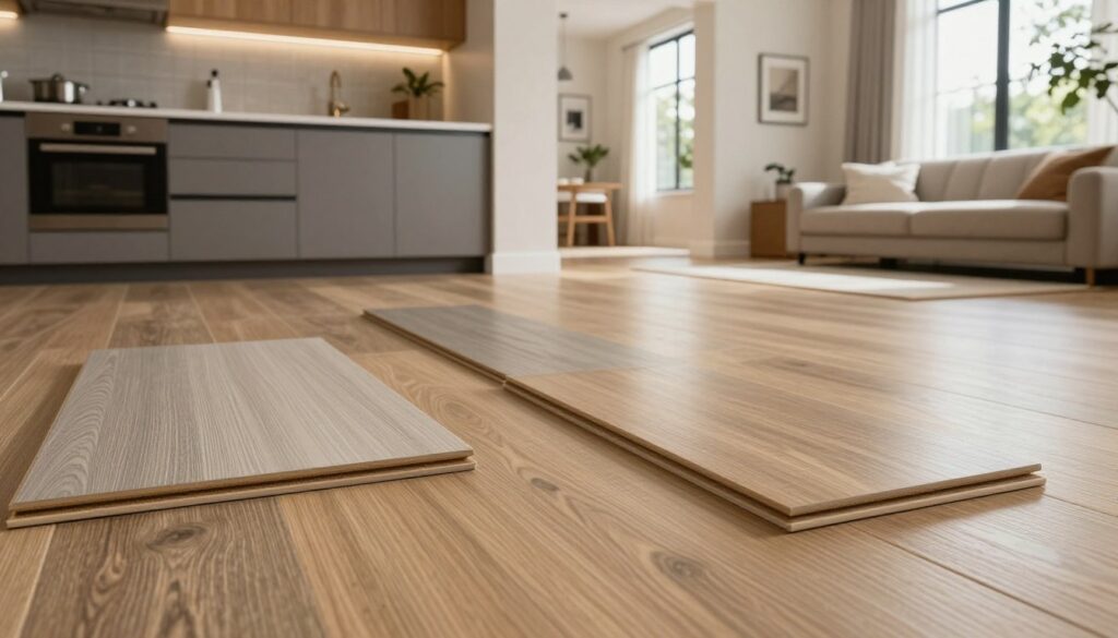 A close-up view of vinyl flooring panels arranged aesthetically in a modern kitchen, living room, and hallway setting. In the foreground, highlight various thicknesses of vinyl panels, showcasing their layered structure and textures, including a smooth surface and wood grain patterns. The middle section features a stylish kitchen with cabinetry, a cozy living room with a plush sofa, and a well-lit hallway, emphasizing the versatility and appeal of the flooring in different areas. Natural light filters through large windows, casting soft shadows to create a warm and inviting atmosphere. The overall mood is contemporary and welcoming, inviting viewers to imagine their own spaces enhanced by these vinyl panels.