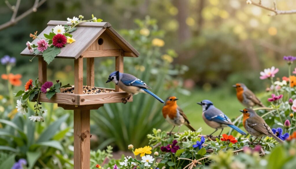 A cozy garden scene featuring a bird feeder strategically placed in an inviting area. In the foreground, show a wooden bird feeder, beautifully adorned with natural elements like flowers and leaves, to attract various birds. In the middle ground, depict vibrant birds such as robins and blue jays perched near the feeder, gently pecking at seeds. Surrounding them, include lush greenery and a few colorful flowers that create an engaging and natural environment. The background should feature a soft-focus of sunlight filtering through trees, casting gentle shadows, creating a warm and serene atmosphere. Use a wide-angle perspective for depth, emphasizing the connection between the feeder and the thriving garden setting. The lighting should be soft and warm, evoking a sense of peace and harmony in nature. A cozy garden scene featuring a bird feeder strategically placed in an inviting area. In the foreground, show a wooden bird feeder, beautifully adorned with natural elements like flowers and leaves, to attract various birds. In the middle ground, depict vibrant birds such as robins and blue jays perched near the feeder, gently pecking at seeds. Surrounding them, include lush greenery and a few colorful flowers that create an engaging and natural environment. The background should feature a soft-focus of sunlight filtering through trees, casting gentle shadows, creating a warm and serene atmosphere. Use a wide-angle perspective for depth, emphasizing the connection between the feeder and the thriving garden setting. The lighting should be soft and warm, evoking a sense of peace and harmony in nature.
