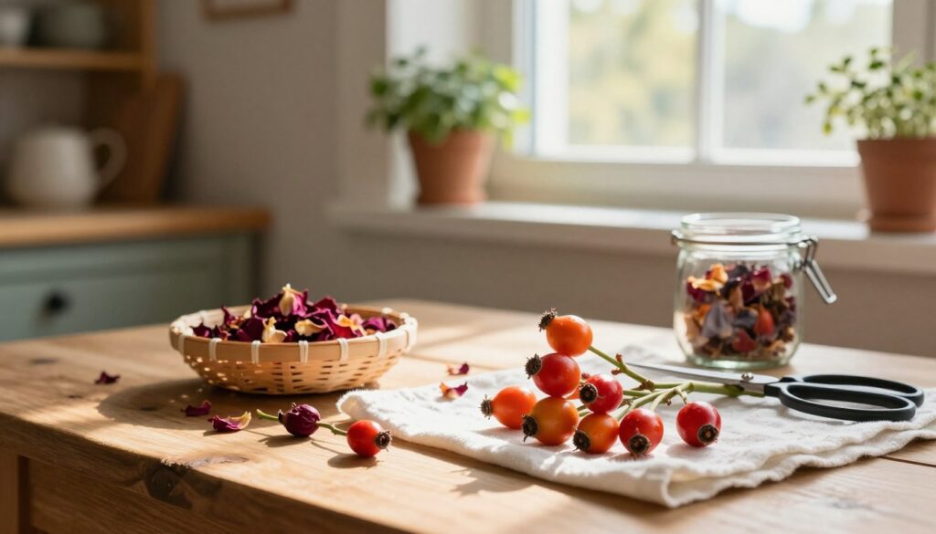A cozy indoor scene depicting the process of drying wild rose hips. In the foreground, a wooden table adorned with freshly harvested rose hips, their vibrant red and orange colors contrasting against a simple white cloth. Nearby, a small basket filled with dried rose petals is shown, with a pair of scissors and a glass jar for storage. In the middle ground, a window allows soft, warm sunlight to filter through, highlighting the delicate details of the rose hips. The background features potted herbs and a rustic kitchen shelf, creating a homely atmosphere. The overall mood is tranquil and inviting, emphasizing the gentle art of preserving nature's bounty. Capture the image with soft focus on the background, highlighting the foreground details, and use natural lighting for a warm, sunlit effect. A cozy indoor scene depicting the process of drying wild rose hips. In the foreground, a wooden table adorned with freshly harvested rose hips, their vibrant red and orange colors contrasting against a simple white cloth. Nearby, a small basket filled with dried rose petals is shown, with a pair of scissors and a glass jar for storage. In the middle ground, a window allows soft, warm sunlight to filter through, highlighting the delicate details of the rose hips. The background features potted herbs and a rustic kitchen shelf, creating a homely atmosphere. The overall mood is tranquil and inviting, emphasizing the gentle art of preserving nature's bounty. Capture the image with soft focus on the background, highlighting the foreground details, and use natural lighting for a warm, sunlit effect.
