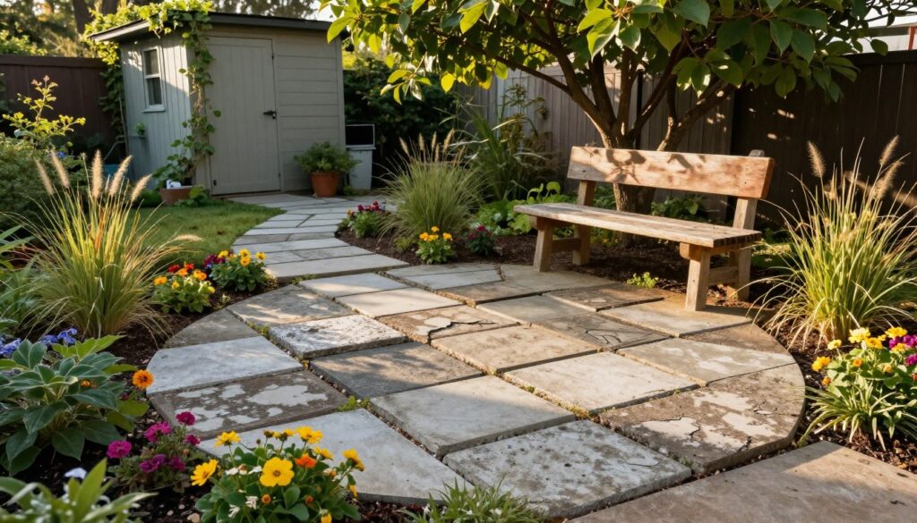 A creative garden scene featuring old concrete sidewalk slabs repurposed in innovative designs. In the foreground, a small, beautifully arranged patio area made from mismatched, weathered sidewalk tiles, surrounded by colorful flowering plants and ornamental grasses. The middle ground showcases a charming pathway created from the same slabs, leading to a rustic wooden bench nestled under a leafy tree. In the background, a simple garden shed complements the natural setting with climbing vines. The scene is illuminated by warm, golden sunlight, casting soft shadows that enhance the inviting atmosphere. A wide-angle perspective captures the entire layout, encouraging a sense of inspiration and practicality in garden DIY projects. A creative garden scene featuring old concrete sidewalk slabs repurposed in innovative designs. In the foreground, a small, beautifully arranged patio area made from mismatched, weathered sidewalk tiles, surrounded by colorful flowering plants and ornamental grasses. The middle ground showcases a charming pathway created from the same slabs, leading to a rustic wooden bench nestled under a leafy tree. In the background, a simple garden shed complements the natural setting with climbing vines. The scene is illuminated by warm, golden sunlight, casting soft shadows that enhance the inviting atmosphere. A wide-angle perspective captures the entire layout, encouraging a sense of inspiration and practicality in garden DIY projects.