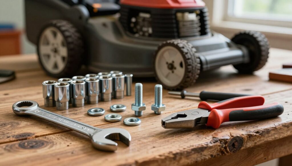A detailed assortment of tools and fasteners used for removing a wheel from a lawn mower, laid out on a rustic wooden workbench. In the foreground, include a wrench, socket set, and pliers, glistening with recent use and showcasing wear. In the middle ground, a close-up of wheel fasteners, including bolts and washers, emphasizing their metallic shine. The background features a blurred view of a lawn mower with part of its wheel removed, hinting at the repair process. Soft, natural light streams in from a nearby window, casting gentle shadows and highlighting the textures of the tools. The overall mood is practical and focused, conveying the hands-on nature of lawn mower maintenance.