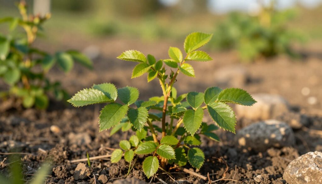 A detailed close-up of a wild rose plant, vividly highlighting the unique characteristics of its environment. In the foreground, focus on the wild rose shoots, showcasing their distinct, jagged leaves and vibrant green color, rising prominently from the ground. The middle ground should feature a mix of natural elements, like soil and stones, indicating the wild habitat. In the background, softly blurred hues of a garden or natural landscape, symbolizing untouched nature. The scene is lit by warm, golden sunlight, bringing a sense of tranquility and clarity, while a shallow depth of field adds an artistic touch. The overall atmosphere should feel serene and natural, inviting the viewer to explore the beauty of wild rose growth. A detailed close-up of a wild rose plant, vividly highlighting the unique characteristics of its environment. In the foreground, focus on the wild rose shoots, showcasing their distinct, jagged leaves and vibrant green color, rising prominently from the ground. The middle ground should feature a mix of natural elements, like soil and stones, indicating the wild habitat. In the background, softly blurred hues of a garden or natural landscape, symbolizing untouched nature. The scene is lit by warm, golden sunlight, bringing a sense of tranquility and clarity, while a shallow depth of field adds an artistic touch. The overall atmosphere should feel serene and natural, inviting the viewer to explore the beauty of wild rose growth.