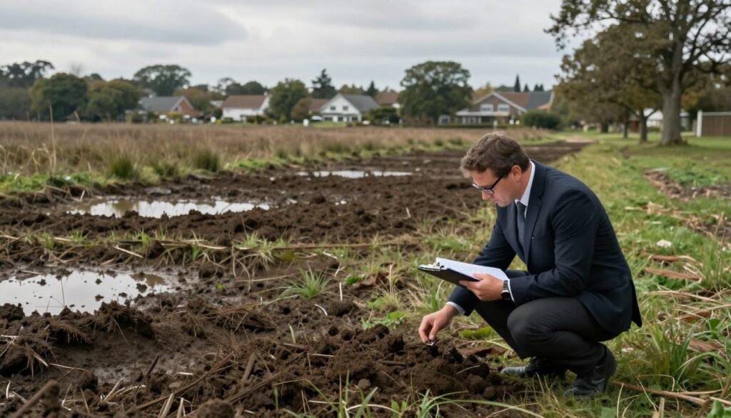 A detailed evaluation of wetland conditions on a plot of land, showcasing a landscape filled with marshy areas, patches of grass, and occasional trees. In the foreground, an expert in professional attire is kneeling down, examining soil samples and notes, with a clipboard in hand. The middle ground includes a range of soil types with muddy patches, indicative of poor drainage, and a few puddles reflecting the overcast sky. In the background, a quiet neighborhood can be seen, blending in with the natural surroundings. The atmosphere is slightly gloomy but focused, capturing a sense of diligence and preparation for land improvement. Soft, diffused lighting highlights the subject and landscape, creating shadows that emphasize texture in the soil and vegetation.