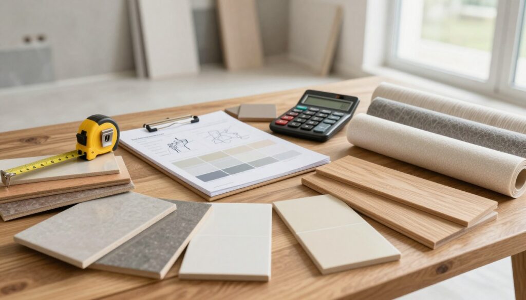 A detailed flat lay of various construction materials, showcasing a variety of textures and colors. In the foreground, include samples of tiles, paint swatches, wooden planks, and wallpaper rolls, neatly organized on a wooden table. The middle ground should display tools such as a measuring tape, a builder's calculator, and a notepad with sketches. The background should feature a soft-focus image of a modern, partially renovated apartment, providing context. Use natural lighting to create a warm, inviting atmosphere, simulating daylight coming through a window. The composition should feel educational yet approachable, emphasizing the theme of home renovation costs, with an overall balance of colors and materials to inspire planning and budgeting. A detailed flat lay of various construction materials, showcasing a variety of textures and colors. In the foreground, include samples of tiles, paint swatches, wooden planks, and wallpaper rolls, neatly organized on a wooden table. The middle ground should display tools such as a measuring tape, a builder's calculator, and a notepad with sketches. The background should feature a soft-focus image of a modern, partially renovated apartment, providing context. Use natural lighting to create a warm, inviting atmosphere, simulating daylight coming through a window. The composition should feel educational yet approachable, emphasizing the theme of home renovation costs, with an overall balance of colors and materials to inspire planning and budgeting.