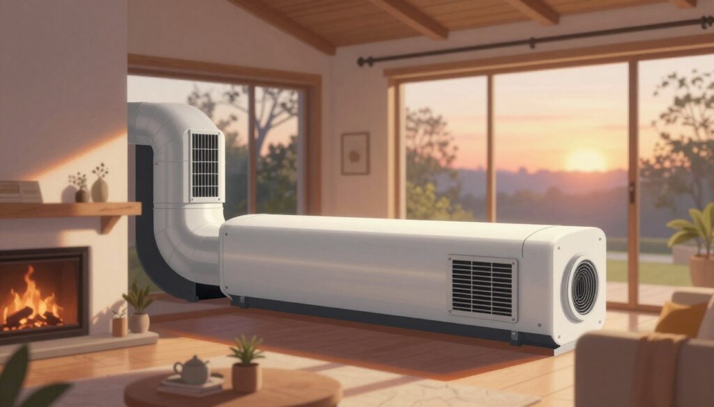 A detailed illustration of a home equipped with gravity ventilation systems. In the foreground, a cross-section view of a cozy living room, featuring a fireplace and comfortable furniture, showcases air ducts and vents integrated into the walls, allowing for natural airflow. In the middle ground, large windows reveal an outdoor scene with trees, creating a serene atmosphere. The background includes a subtle gradient of a sunrise or sunset sky, emphasizing warmth and comfort. Use soft, warm lighting to simulate natural sunlight filtering through the windows. The angle should be slightly elevated, creating a comprehensive perspective of how gravity ventilation works in a home while conveying a sense of tranquility and well-being. A detailed illustration of a home equipped with gravity ventilation systems. In the foreground, a cross-section view of a cozy living room, featuring a fireplace and comfortable furniture, showcases air ducts and vents integrated into the walls, allowing for natural airflow. In the middle ground, large windows reveal an outdoor scene with trees, creating a serene atmosphere. The background includes a subtle gradient of a sunrise or sunset sky, emphasizing warmth and comfort. Use soft, warm lighting to simulate natural sunlight filtering through the windows. The angle should be slightly elevated, creating a comprehensive perspective of how gravity ventilation works in a home while conveying a sense of tranquility and well-being.