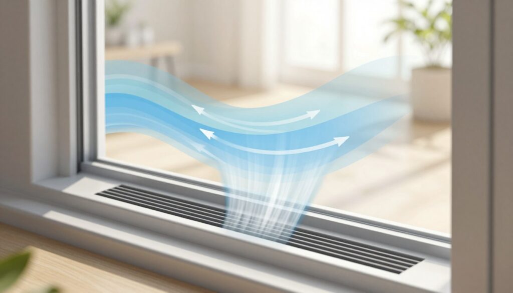 A detailed illustration of air flow dynamics around a window with an air vent installed. In the foreground, show a cross-section of a modern window with a sleek air vent opened, allowing a gentle stream of air to flow visibly through it. The middle layer features layers of air in different shades, illustrating the movement and direction of airflow, with arrows to signify the flow path. The background displays a bright, airy room with sunlight streaming in, highlighting a sense of freshness. Use soft, natural lighting to create a calm and inviting atmosphere. The perspective should be slightly angled to provide depth, showcasing the interaction between the window, the vent, and the surrounding air. The overall mood is serene and informative, emphasizing the effectiveness of air circulation in a home environment.