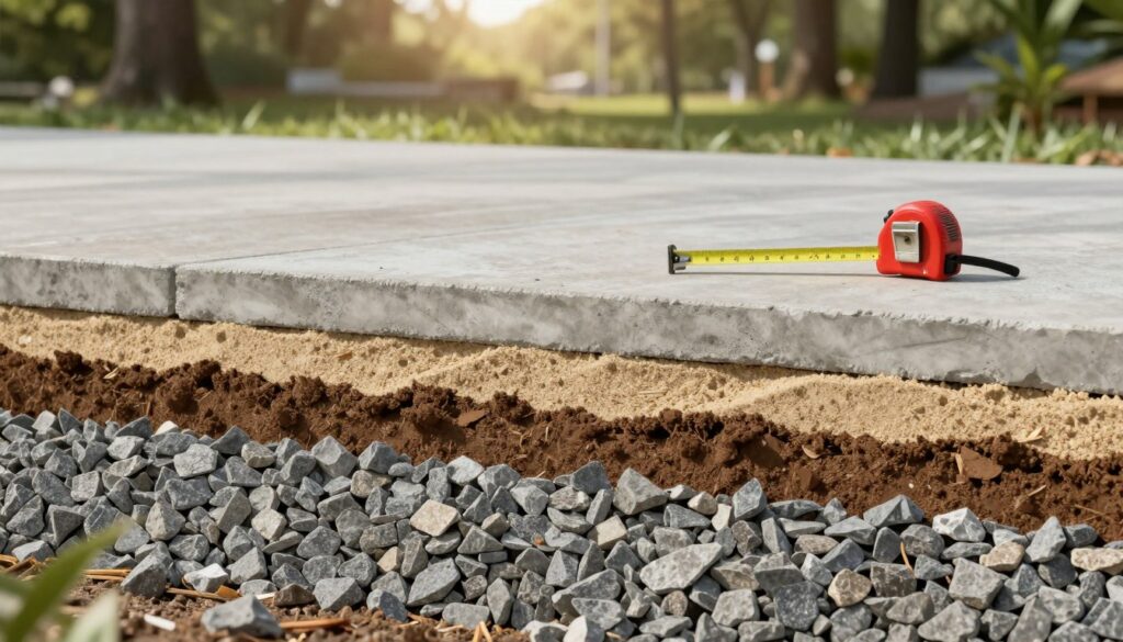 A detailed illustration of the layers beneath concrete slabs for a stable and aesthetically pleasing path. In the foreground, showcase a cross-section of the ground with three distinct layers: a solid gravel base, a fine sand bed, and a compressed earth layer. Each layer should have unique textures and colors. In the middle ground, depict construction tools like a tamper and a measuring tape, subtly placed to indicate attention to precision. The background features a serene outdoor setting with soft sunlight filtering through trees, creating a calm, professional atmosphere. Use a wide-angle view to capture the entire scene, ensuring clarity of each layer and tool, while maintaining a clean and informative composition. A detailed illustration of the layers beneath concrete slabs for a stable and aesthetically pleasing path. In the foreground, showcase a cross-section of the ground with three distinct layers: a solid gravel base, a fine sand bed, and a compressed earth layer. Each layer should have unique textures and colors. In the middle ground, depict construction tools like a tamper and a measuring tape, subtly placed to indicate attention to precision. The background features a serene outdoor setting with soft sunlight filtering through trees, creating a calm, professional atmosphere. Use a wide-angle view to capture the entire scene, ensuring clarity of each layer and tool, while maintaining a clean and informative composition.