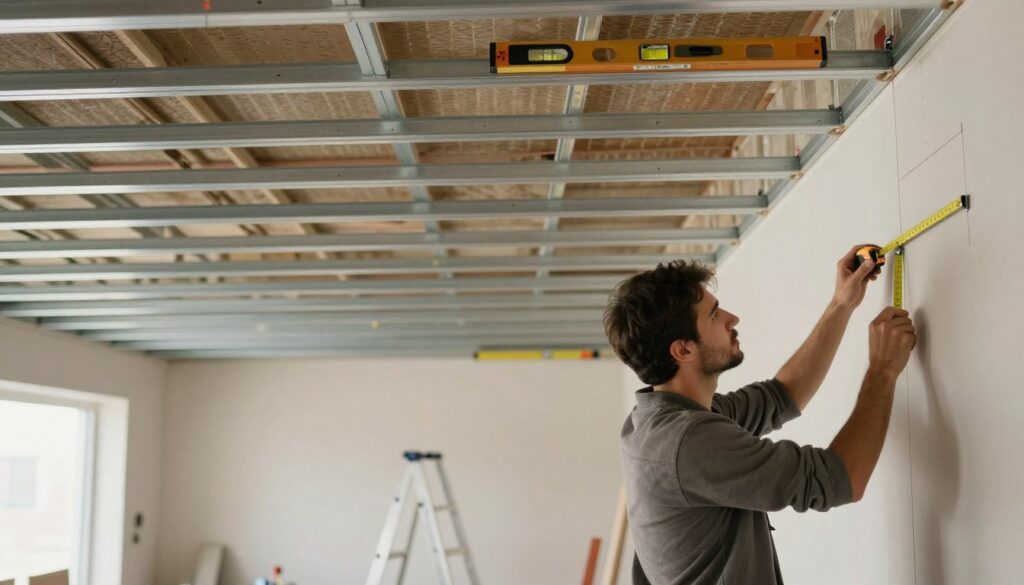 A detailed scene capturing the process of measuring and planning for the installation of a suspended ceiling. In the foreground, a professional in modest casual clothing is holding a measuring tape, focused on drawing precise markings on a wall. The middle ground features a large, partially constructed suspended ceiling framework with metal grids and ceiling tiles, showcasing an organized workspace with tools like a level and a laser measure. In the background, a well-lit room with neutral-colored walls and a ladder leaning against the wall provides context. The atmosphere is practical and focused, with soft, even lighting illuminating the workspace to create a warm yet industrious mood. The image should reflect a sense of order and professionalism, highlighting the importance of careful planning and measurement before installation.