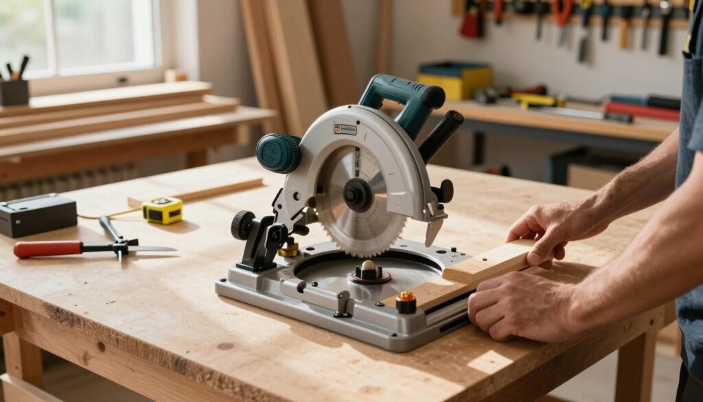 A detailed, step-by-step woodworking project in a well-lit workshop. In the foreground, a sturdy, professional-looking circular saw table is being assembled, with two hands working meticulously, showcasing a focus on precision and safety. The middle ground reveals various tools, including clamps, measuring tape, and a circular saw, neatly organized for easy access. In the background, wooden planks and a tool wall filled with hand tools hint at the scope of the project. Soft, natural light streams in from a window, creating a warm and inviting atmosphere, while shadows add depth to the scene. The angle captures the action from a slightly elevated viewpoint, emphasizing the careful shaping of the table for enhanced safety and accuracy in cutting. A detailed, step-by-step woodworking project in a well-lit workshop. In the foreground, a sturdy, professional-looking circular saw table is being assembled, with two hands working meticulously, showcasing a focus on precision and safety. The middle ground reveals various tools, including clamps, measuring tape, and a circular saw, neatly organized for easy access. In the background, wooden planks and a tool wall filled with hand tools hint at the scope of the project. Soft, natural light streams in from a window, creating a warm and inviting atmosphere, while shadows add depth to the scene. The angle captures the action from a slightly elevated viewpoint, emphasizing the careful shaping of the table for enhanced safety and accuracy in cutting.