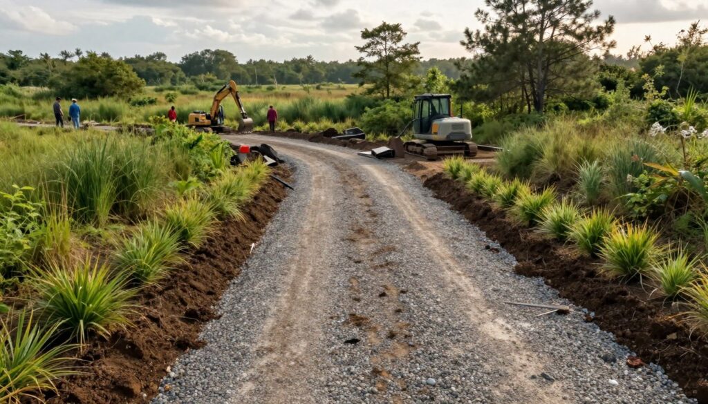 A detailed view of a well-constructed driveway in a wetland area, illustrating the process of stabilizing the soft ground. In the foreground, coarse gravel and compacted soil form a solid base for the driveway, flanked by neat borders of native plants. The middle ground showcases construction workers in modest casual clothing, strategically placed tools, and machinery like a small excavator, working to improve drainage systems. In the background, lush greenery indicates a natural wetland, with soft sunlight filtering through light clouds, creating a serene atmosphere. The scene should emphasize the balance between construction and nature, captured with a warm color palette and a slightly elevated angle to provide depth, highlighting both the driveway and the surrounding environment.