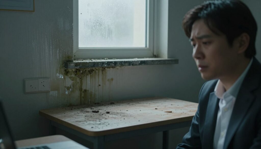 A dimly lit indoor room showing the effects of poor air circulation. In the foreground, a close-up of a person in professional attire, looking concerned, with slightly blurred facial expression to denote discomfort. In the middle ground, visible signs of excessive humidity on the walls, like condensation and mold growth, contrasted with an untouched, dusty table. In the background, a window showing fogged glass, suggesting lack of fresh air. The lighting is soft, with eerie shadows creeping over the furniture, enhancing a sense of stagnation. The overall mood is heavy and oppressive, illustrating the consequences of inadequate ventilation, while maintaining a professional and informative atmosphere. A dimly lit indoor room showing the effects of poor air circulation. In the foreground, a close-up of a person in professional attire, looking concerned, with slightly blurred facial expression to denote discomfort. In the middle ground, visible signs of excessive humidity on the walls, like condensation and mold growth, contrasted with an untouched, dusty table. In the background, a window showing fogged glass, suggesting lack of fresh air. The lighting is soft, with eerie shadows creeping over the furniture, enhancing a sense of stagnation. The overall mood is heavy and oppressive, illustrating the consequences of inadequate ventilation, while maintaining a professional and informative atmosphere.
