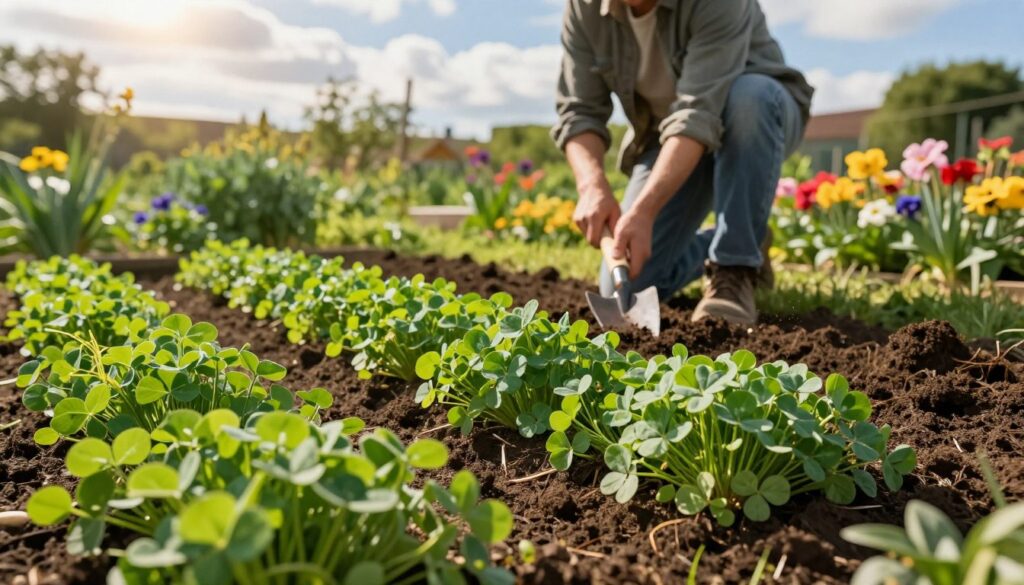 A lush, rich green landscape showcasing "green manure" in a garden setting. In the foreground, vibrant, mixed green plants such as clover, vetch, and rye interspersed with healthy soil, highlighting the benefits of green manure. In the middle ground, a gardener in modest casual clothing kneels, gently turning over soil with a hand trowel, exhibiting dedication to improving soil structure. The background features a sunny sky with soft, fluffy clouds, and an array of colorful flowers in full bloom, signifying a thriving garden ecosystem. The lighting is warm and inviting, casting soft shadows that enhance the details of the plants and gardener. The overall mood is peaceful and nurturing, emphasizing harmony between nature and cultivation. A lush, rich green landscape showcasing "green manure" in a garden setting. In the foreground, vibrant, mixed green plants such as clover, vetch, and rye interspersed with healthy soil, highlighting the benefits of green manure. In the middle ground, a gardener in modest casual clothing kneels, gently turning over soil with a hand trowel, exhibiting dedication to improving soil structure. The background features a sunny sky with soft, fluffy clouds, and an array of colorful flowers in full bloom, signifying a thriving garden ecosystem. The lighting is warm and inviting, casting soft shadows that enhance the details of the plants and gardener. The overall mood is peaceful and nurturing, emphasizing harmony between nature and cultivation.