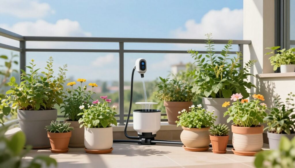 A modern balcony garden showcasing an automatic watering system for pots and planters. In the foreground, various stylish ceramic pots filled with vibrant plants, including herbs and flowers, connected by sleek irrigation tubing. The middle ground features a sophisticated drip irrigation system with a moisture sensor and a small water reservoir, elegantly designed to blend in with the greenery. In the background, a bright blue sky and soft clouds, creating a serene atmosphere. The scene is softly lit by natural sunlight casting gentle shadows, emphasizing the freshness of the plants. The composition conveys a feeling of tranquility and modern gardening innovation, highlighting the practicality of balcony gardening.