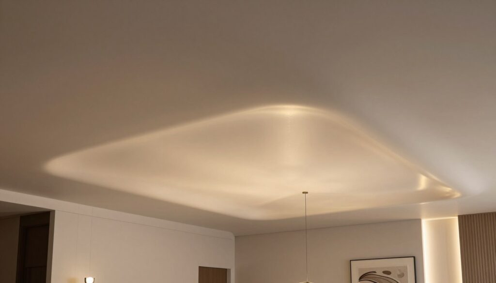 A modern, elegantly designed room featuring a tensioned ceiling, showcasing a smooth, seamless surface. The ceiling has a subtle glossy finish that catches the warm ambient light, creating a visually appealing reflection. The foreground includes a stylish light fixture suspended from the ceiling, casting a soft glow on the room. In the middle ground, the walls are painted in a soft neutral color, complementing the ceiling’s sleek design. To add interest, there are geometric patterns subtly integrated into the ceiling's surface, enhancing its contemporary aesthetic. The background shows a mix of modern furniture, including a minimalist sofa and a cozy rug. The overall atmosphere is chic and inviting, perfect for showcasing innovative interior design ideas. The image is captured from a slightly lowered angle to emphasize the grandeur of the suspended ceiling.